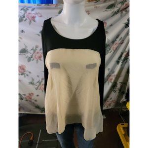 Nicola Antoni Black/Taupe Jersey Top W/chiffon Overlay Sz M Long Sleeve Zip Hem